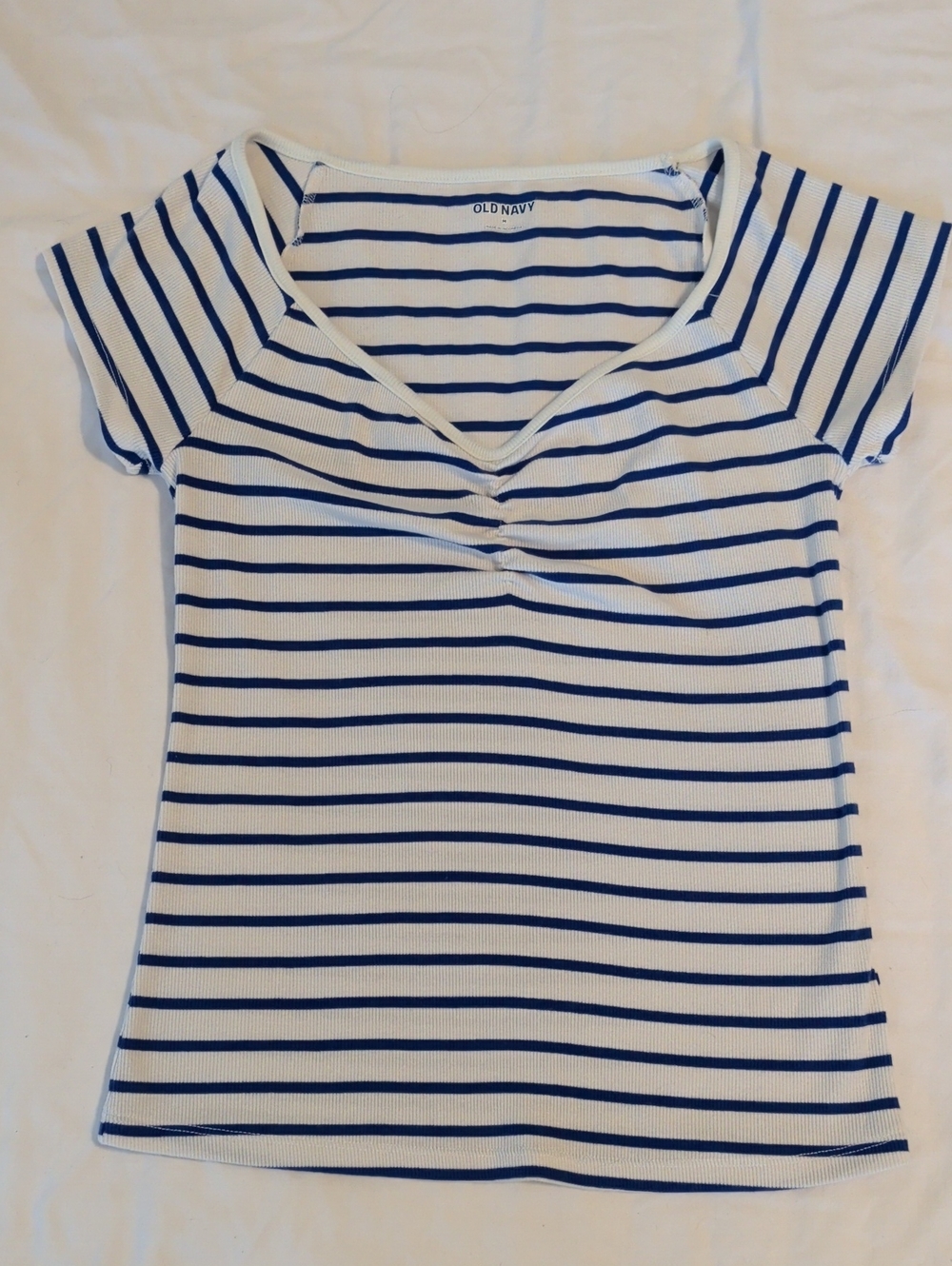 Old Navy White and Blue Ribbed Striped V-Neck Gathered Front Tee